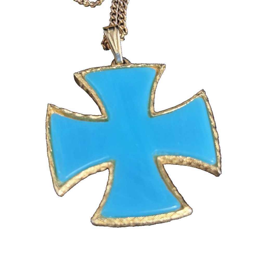 Vintage Maltese Cross Turquoise Tone Lucite Cross Pendant Necklace 60's Jewelry